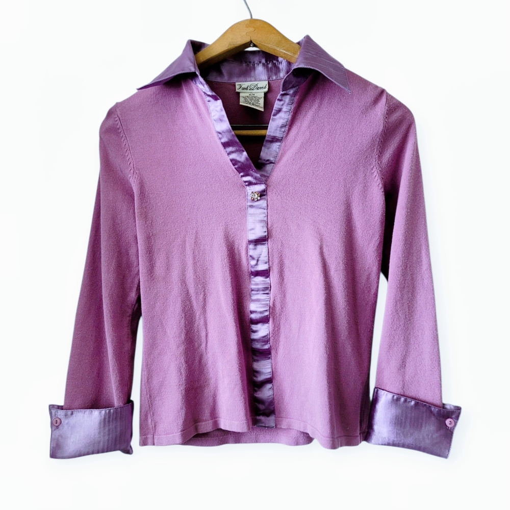Y2K Lilac Layered Look Knit Top with Satin Trim  Mean Girls Style Size Medium